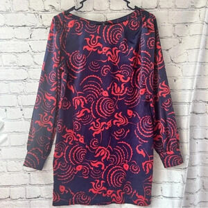 Rachel Roy Navy Blue Red Design Long Sleeve Mini Dress Sabrina‎ Neck Size Medium